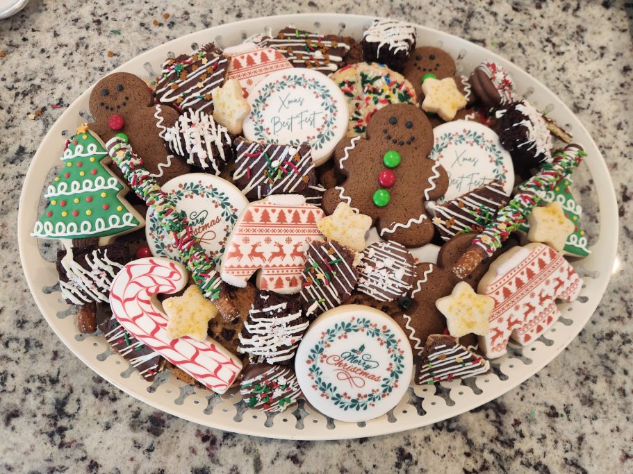 Custom decorated Christmas themed cookie platter by Navesink Bakery