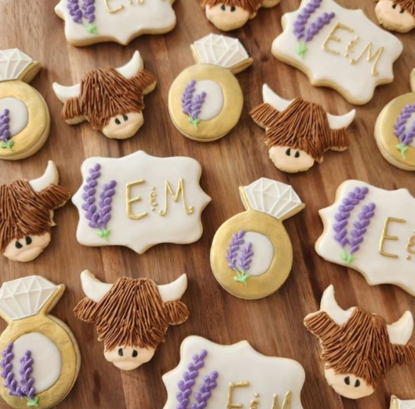 Highland Cow themed custom decorated cookies for a bridal shower by Navesink Bakery