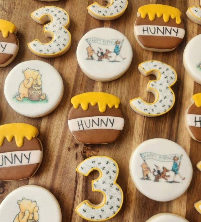 Decorated custom Winnie the Pooh cookies for baby shower in New Jersey